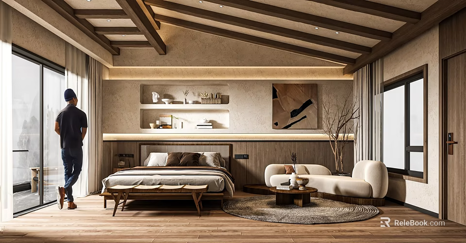 Modern Hotel Room Interior With Comfortable Bed Sofa Decorative Art And Wooden Ceiling Design 3d model 