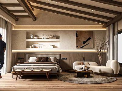 Modern Hotel Room Interior With Comfortable Bed Sofa Decorative Art And Wooden Ceiling Design 3d model