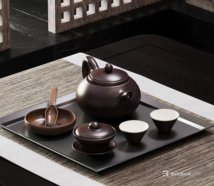 Elegant Dark Brown Ceramic Tea Set With Teapot Cups Caddy Tray Spoon On Mat 3d model 