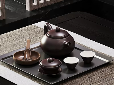 Elegant Dark Brown Ceramic Tea Set With Teapot Cups Caddy Tray Spoon On Mat 3d model