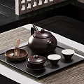 Elegant Dark Brown Ceramic Tea Set With Teapot Cups Caddy Tray Spoon On Mat 3d model