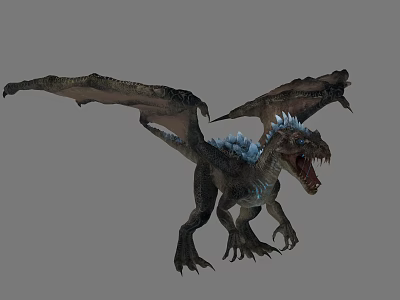 3D Rendered Mythical Dragon With Spread Wings Blue Spikes And Open Mouth 3d model