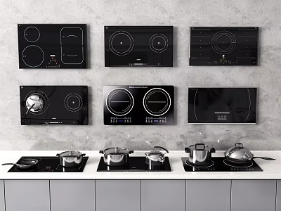 Modern Kitchen Electric Cooktops With Black Glass Panels And Cooking Pots On Countertop 3d model