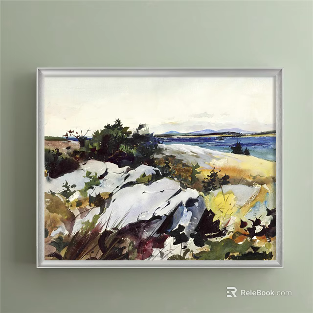 Vibrant Landscape Painting Featuring Rocks Grass Trees Distant Sea And Sky 3d model 