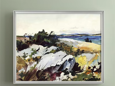 Vibrant Landscape Painting Featuring Rocks Grass Trees Distant Sea And Sky 3d model