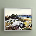 Vibrant Landscape Painting Featuring Rocks Grass Trees Distant Sea And Sky