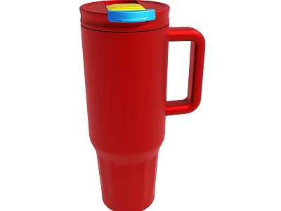 Red Travel Mug With Handle And Blue Yellow Lid Design 3d model