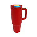 Red Travel Mug With Handle And Blue Yellow Lid Design