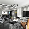 Modern Dining and Living Room Interior with Open Layout Decorative Paintings and Lighting