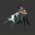 Sci Fi Game Character With Purple Hair Green Accents Cloak Mechanical Companion And Weapon