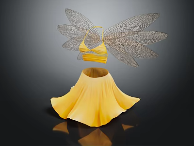 Elegant Yellow Clothes With Halter Top Skirt And Dragonfly Wings Design 3d model