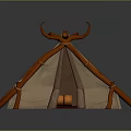 Primitive Tent Structure With Horn Shaped Wooden Poles And Canvas Covering
