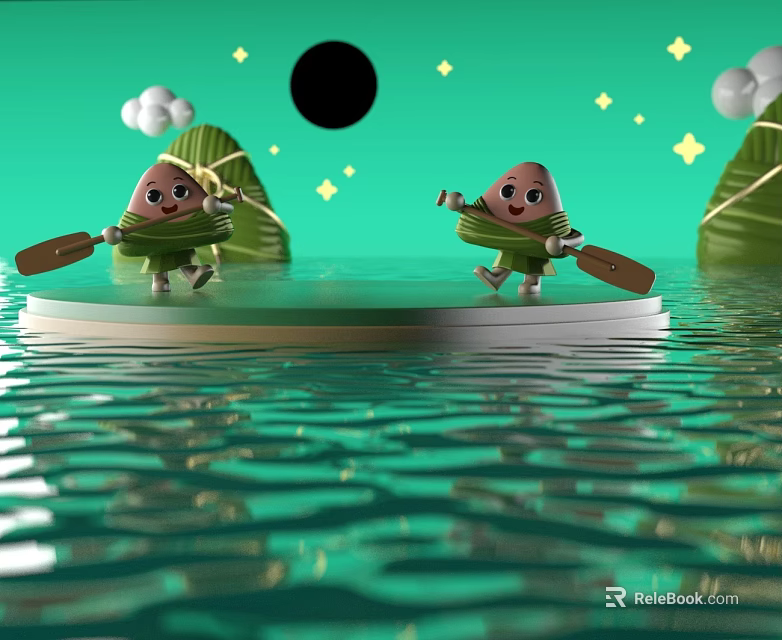 Cute Zongzi Cartoon Characters Rowing Boat On Green Water With Reflections 3d model 
