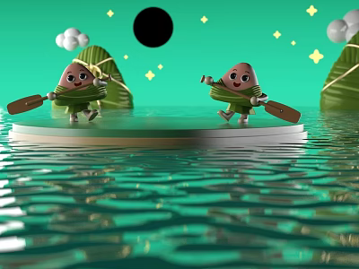 Cute Zongzi Cartoon Characters Rowing Boat On Green Water With Reflections 3d model