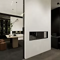 Modern Exhibition Hall Interior With Large Screen Display Shelves And Tables