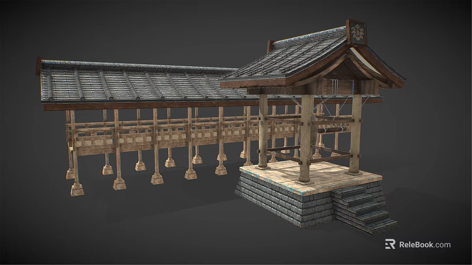 Traditional Wooden House With Tile Roof And Wooden Pillars Veranda Hanging Bells And Stone Steps 3d model 