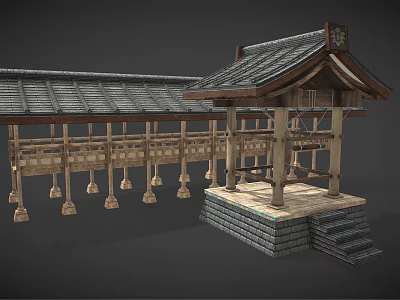 Traditional Wooden House With Tile Roof And Wooden Pillars Veranda Hanging Bells And Stone Steps 3d model