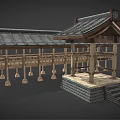 Traditional Wooden House With Tile Roof And Wooden Pillars Veranda Hanging Bells And Stone Steps