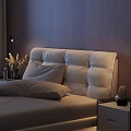 Modern Double Bed with Upholstered Headboard Gray Bedding Wooden Wall Nightstand and Window