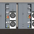 Gray Bathroom Cabinet With Stacked Washer Dryer Internal Shelves Cleaning Supplies And Lighting