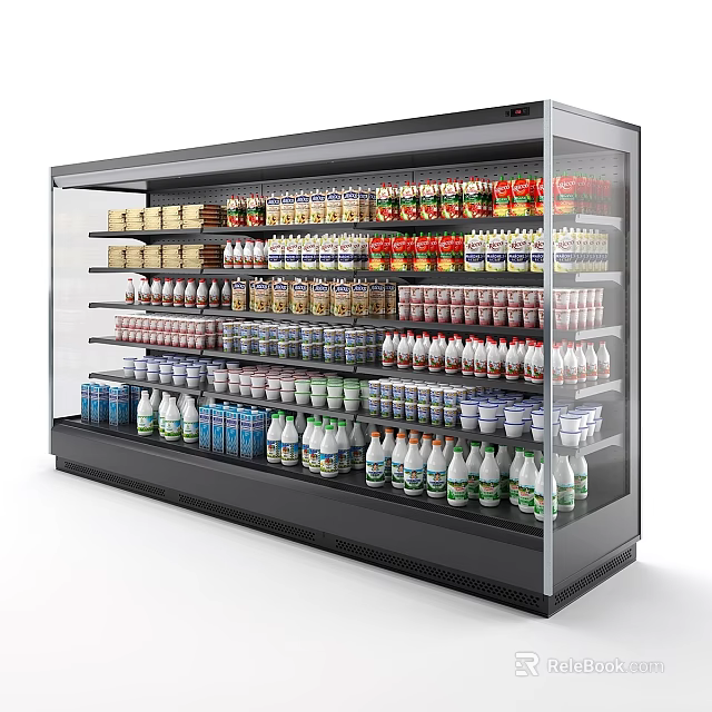 Commercial Glass Door Refrigerated Display Case with Dairy Products and Beverage Bottles 3d model 