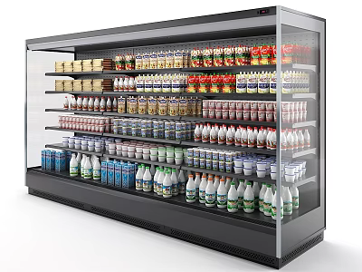 Commercial Glass Door Refrigerated Display Case with Dairy Products and Beverage Bottles 3d model