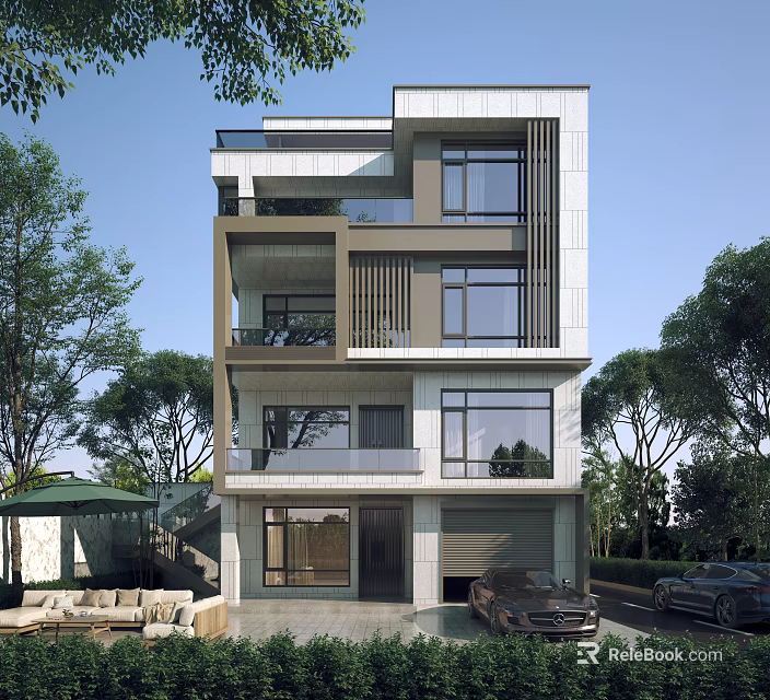 Modern Detached Villa Exterior Design With Multiple Floors Balconies Large Windows And Surrounding Trees 3d model 