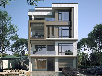 Modern Detached Villa Exterior Design With Multiple Floors Balconies Large Windows And Surrounding Trees 3d model