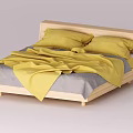Double Bed With Wooden Frame Yellow Pillows And Gray Bed Sheets 3d model