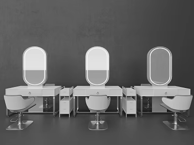 Three White Dressing Tables And Chairs With Oval Mirrors Against Gray Walls 3d model