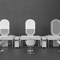 Three White Dressing Tables And Chairs With Oval Mirrors Against Gray Walls