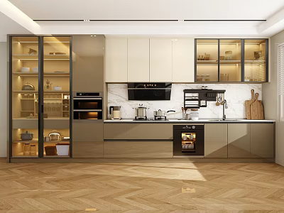 Modern Kitchen Interior Design with Beige Grey Glass Door Cabinets Embedded Appliances and Herringbone Floor 3d model