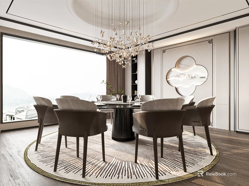 Elegant Modern Private Room Interior With Round Dining Table And Comfortable Chairs 3d model