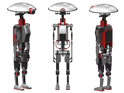 Smart Robot Design With Three Angles Metal Structure And Red Silver Components 3d model
