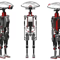 Smart Robot Design With Three Angles Metal Structure And Red Silver Components