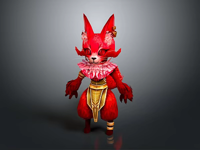 Red Mythical Fox Character With Pointed Ears Golden Belt And Pink Ruffled Collar 3d model