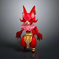 Red Mythical Fox Character With Pointed Ears Golden Belt And Pink Ruffled Collar