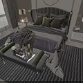Stylish Double Bed Interior Featuring Tufted Headboard Gray Bedding Nightstands Table Lamps and Green View