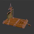 Orange Wooden Boat Model with Sail Oar and Ropes on Gray Background