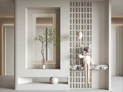 Modern Entryway Hallway Design With Lattice Partition Mirror Green Plant And Decorative Shelf 3d model