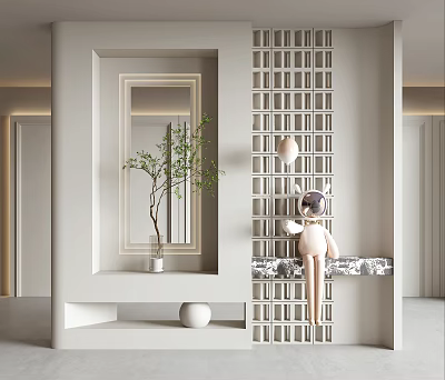 Modern Entryway Hallway Design With Lattice Partition Mirror Green Plant And Decorative Shelf 3d model