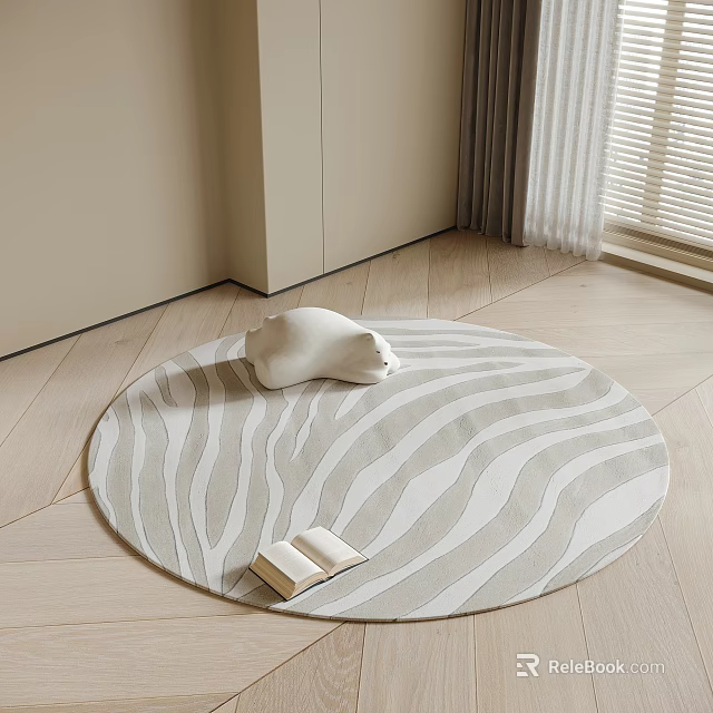Study Room Interior Featuring Circular Zebra Rug Open Book White Bear And Light Wood Floor 3d model 