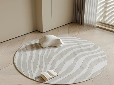 Study Room Interior Featuring Circular Zebra Rug Open Book White Bear And Light Wood Floor 3d model