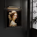 Classical Portrait Painting On Dark Wall With Metal Frame And Wrought Iron Window