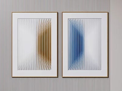 Two Framed Abstract Wall Art With Gold Blue Gradient Lines On Striped Background 3d model