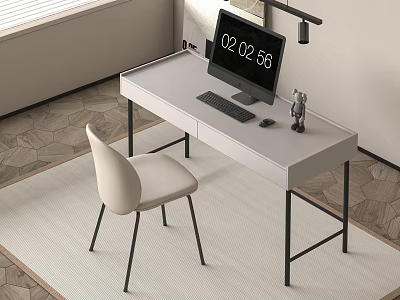 Modern Office Desk With Computer Monitor Keyboard Mouse Chair Small Decor On Rug 3d model