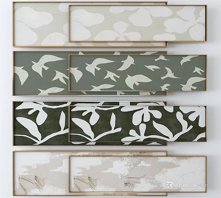 Modern Framed Wall Art With Bird And Leaf Patterns In Green And Beige Tones 3d model 