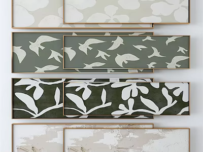 Modern Framed Wall Art With Bird And Leaf Patterns In Green And Beige Tones 3d model