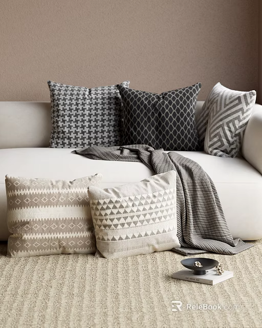 Neutral Toned Sofa With Geometric Pattern Throw Pillows And Gray Blanket 3d model 