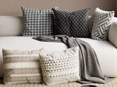 Neutral Toned Sofa With Geometric Pattern Throw Pillows And Gray Blanket 3d model